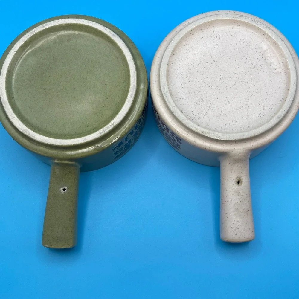 Vintage Soup Crackers Bowls Set of 2 Green Tan Handled Stoneware Retro Japan 70s